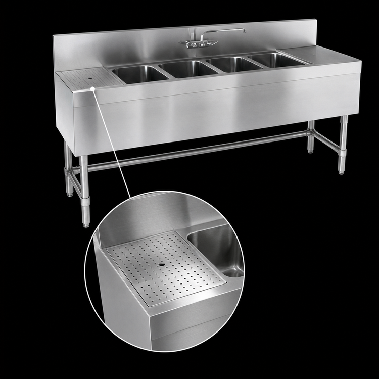 Product image #4 for Eagle Spec-Bar Four-Compartment Stainless Steel Underbar Sink Unit with Left Drainboard, 60 x 24 Inch