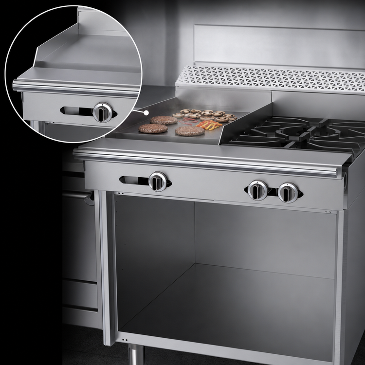 Product image #4 for Garland Cuisine Series 36-Inch Heavy Duty Natural Gas Commercial Range with 2 Open Burners and 18-Inch Thermostatic Griddle, Storage Base