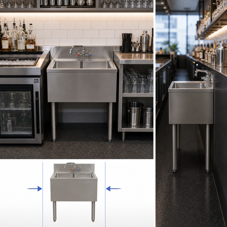 Product image #4 for BK Resources 24-Inch Two-Compartment Stainless Steel Underbar Sink with Lead-Free Faucet, Basket Drains, and Overflow Standpipes