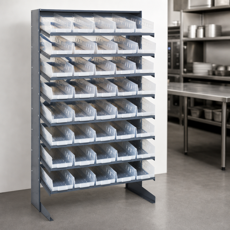 Product image #4 for Quantum Sloped Single-Sided Steel Pick Rack with 8 Shelves and 40 Clear Bins, 36 x 18 x 60 Inches