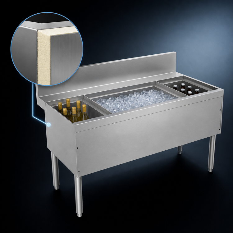 Product image #4 for Advance Tabco Prestige 54-Inch Stainless Steel Bar Ice Bin with 10-Circuit Cold Plate and Bottle Storage Racks