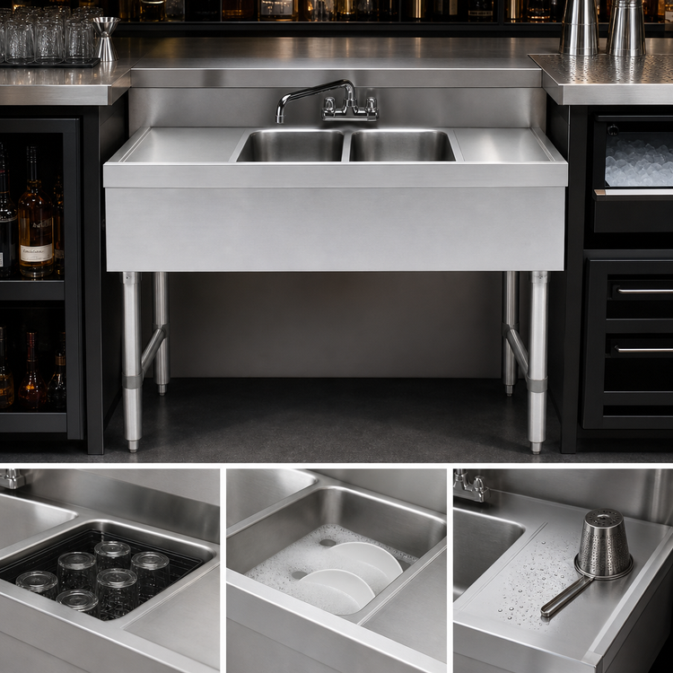 Product image #4 for Steel Works Stainless Two-Compartment Underbar Sink with Left and Right Drainboards, 48 Inch x 18-3/4 Inch