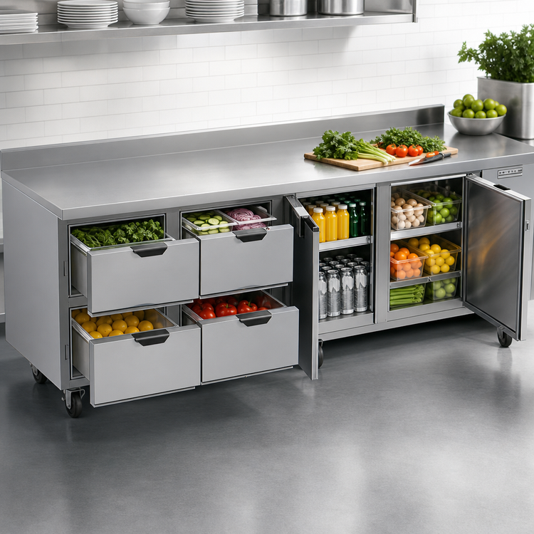 Product image #4 for Beverage-Air Four-Section Solid Door Worktop Refrigerator with 4 Drawers and 2 Doors, 119-Inch Wide, Side Mount