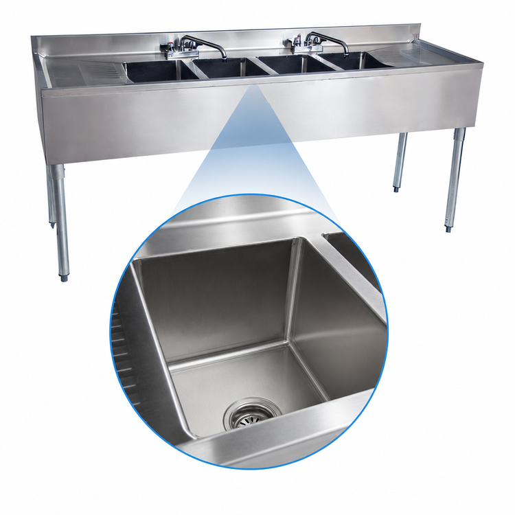 Product image #4 for BK Resources Slim-Line 4-Compartment Stainless Steel Underbar Sink with Dual Drainboards, 84 Inch Wide