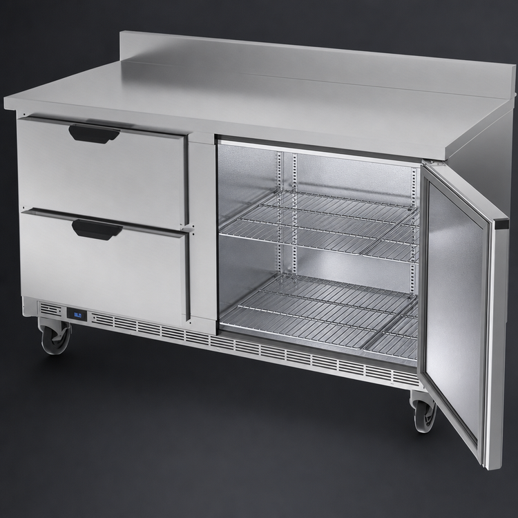 Product image #4 for Beverage-Air 60-Inch Two-Section Worktop Refrigerator with 1 Door, 2 Drawers, and Foamed-In-Place Backsplash