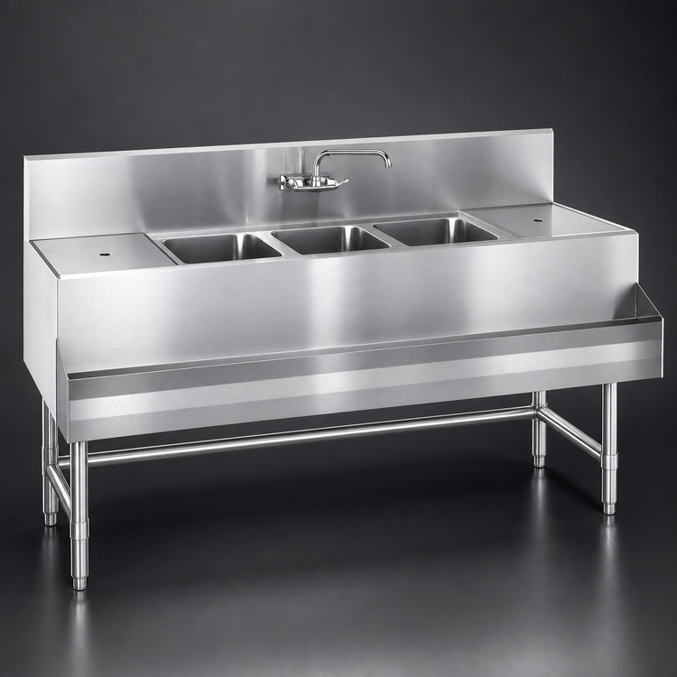 Product image #4 for Spec-Bar Three-Compartment Underbar Sink Unit with Double-Hinged Faucet, 36 x 24 Inches, 304 Stainless Steel