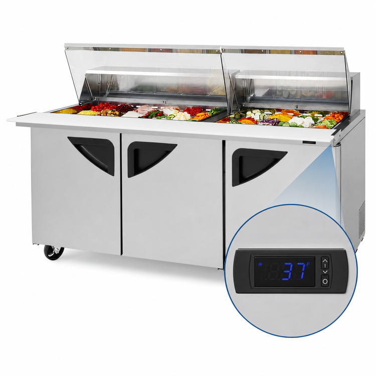 Product image #4 for Turbo Air Super Deluxe 72-5/8-Inch 3-Section Mega Top Sandwich/Salad Prep Table with Clear Lids