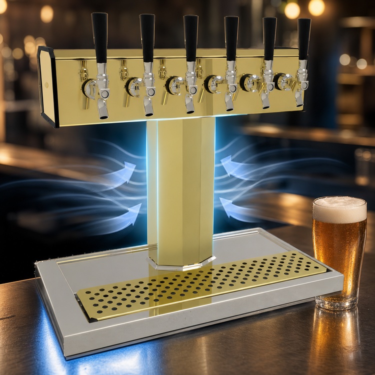 Product image #4 for Glastender Countertop Air-Cooled Tee Draft Dispensing Tower with 6 Faucets, Polished Brass Finish