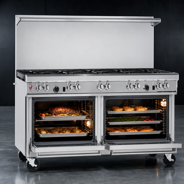 Product image #4 for Ultimate 60-Inch Gas Restaurant Range with 9 Open Burners, Standard Oven, Convection Oven, and Hi-Shelf