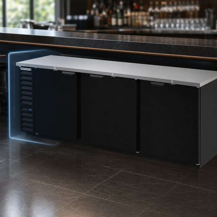 Product image #4 for Beverage-Air BB94HC-B Three-Section Solid Door Back Bar Refrigerator with Stainless Steel Top, Black Exterior, and Left-Mounted Self-Contained Refrigeration