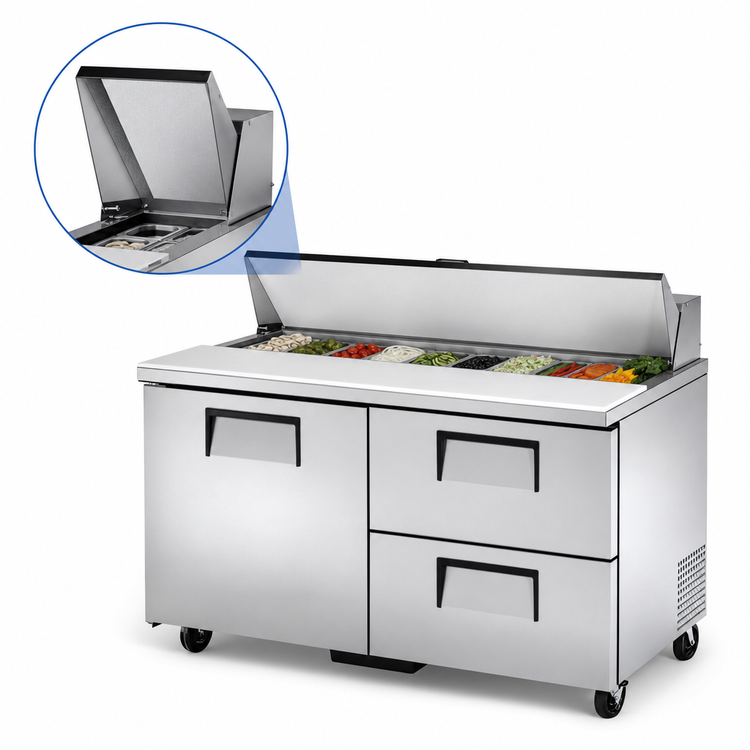 Product image #4 for True 60-Inch Wide 2-Section Refrigerated Prep Table with 1 Door, 2 Drawers, and 16 Sixth-Size Pan Top