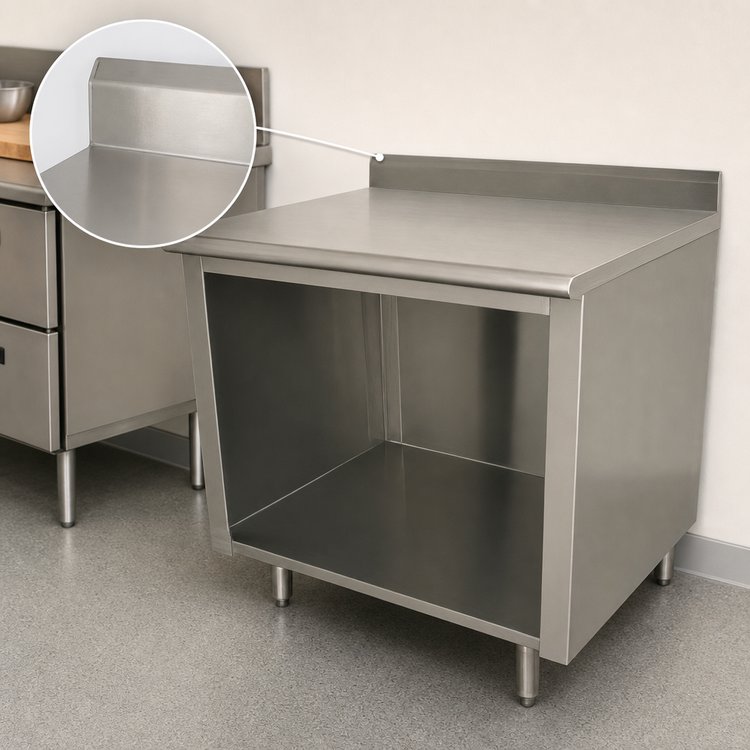 Product image #4 for Advance Tabco 48" x 30" 14-Gauge 304 Stainless Steel Work Table with Open Front Cabinet Base and 5" Backsplash