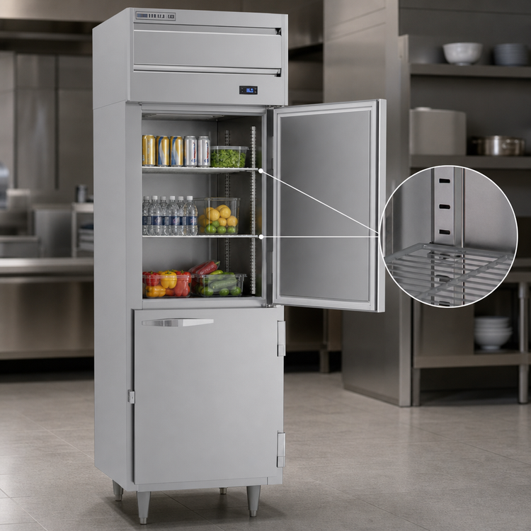 Product image #4 for Beverage-Air P-Series One-Section Reach-In Refrigerator, 21.01 Cu. Ft., 2 Lockable Solid Half Doors, Top-Mounted Self-Contained