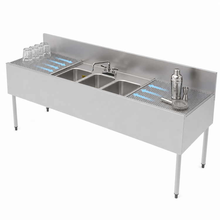 Product image #5 for Top Shelf TSF84M3-DB Three-Compartment Underbar Sink Unit with Dual Drainboards and Backsplash, 84 Inch x 24 Inch