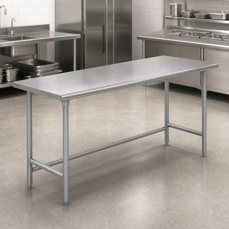 Product image #4 for Advance Tabco Premium Series Flat Top Open Base Work Table, 108" W x 36" D, 14-Gauge 304 Stainless Steel Top, Galvanized Legs
