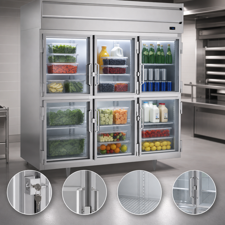 Product image #4 for Beverage-Air P Series Three-Section Commercial Reach-In Freezer with 6 Lockable Glass Half Doors