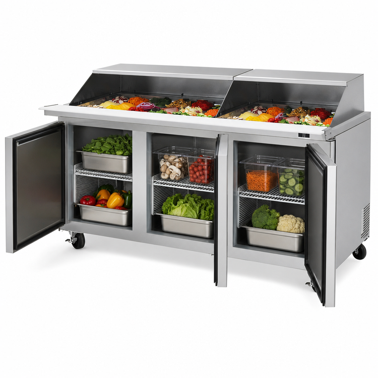 Product image #4 for Turbo Air Super Deluxe 72-5/8-Inch Wide Three-Section Sandwich/Salad Mega Top Prep Table with Slide-Back Lid and 30-Pan Opening