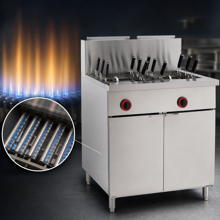 Product image #4 for Omcan Natural Gas Floor Model Pasta Cooker with Dual 11-Gallon Tanks and 12 Baskets