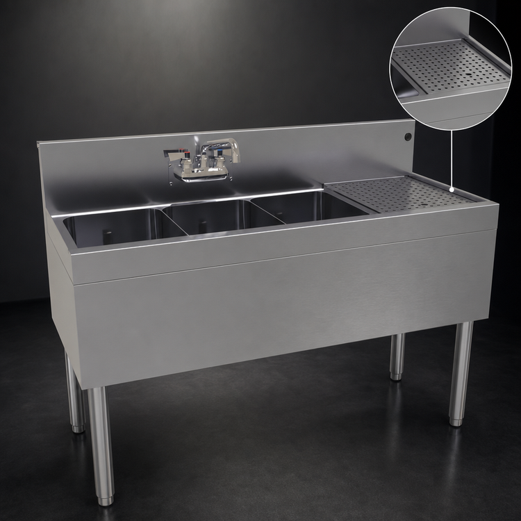 Product image #4 for Glastender Three-Compartment Underbar Sink Unit, 48 Inch, Right Drainboard, Stainless Steel