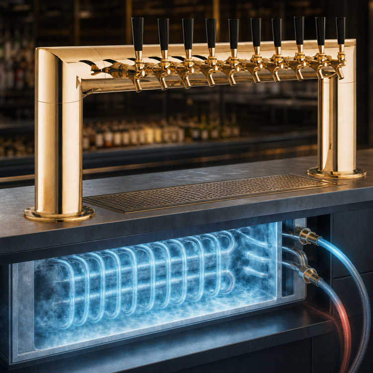 Product image #4 for Perlick Pass-Thru Glycol-Cooled Countertop Draft Beer Tower, 46 Inch W x 14 Inch H, 10 Faucets, Tarnish-Free Brass Finish
