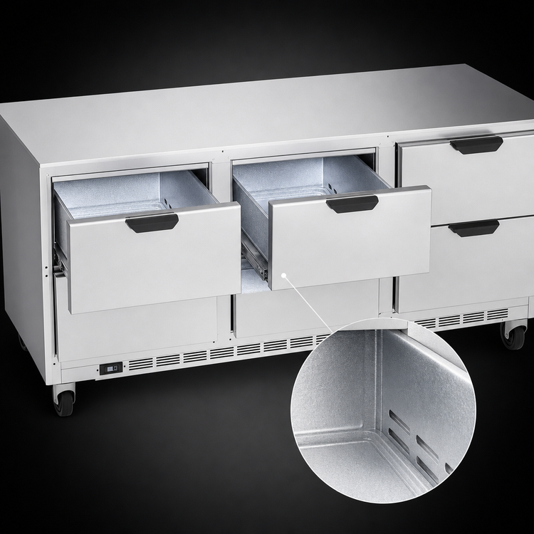 Product image #4 for Beverage-Air 72-Inch Three-Section Undercounter Drawer Refrigerator, Rear-Mounted Self-Contained R290