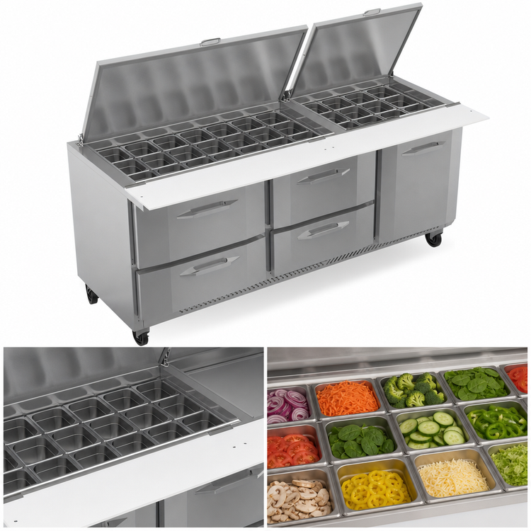 Product image #5 for Victory UltraSpec V-Core 72-Inch Three-Section Sandwich Prep Table with 30 1/6-Size Pan Top, 1 Door, and 4 Drawers