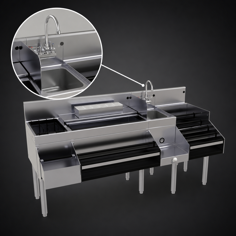 Product image #4 for Glastender 66-Inch All-In-One Underbar Ice Bin/Cocktail Station with 36-Inch Combo Ice Bin, 10-Circuit Cold Plate, Sink, Blender Shelf and Double Speed Rail