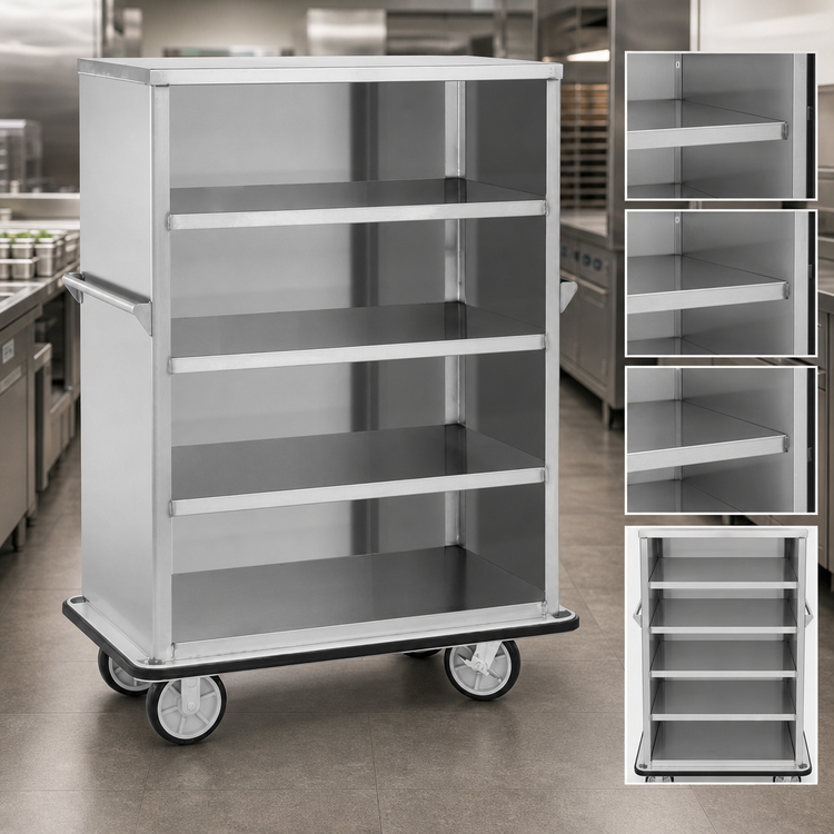 Product image #3 for FWE Super Duty Enclosed Queen Mary Utility Cart, 5 Shelves, 48 Inch Wide, Stainless Steel