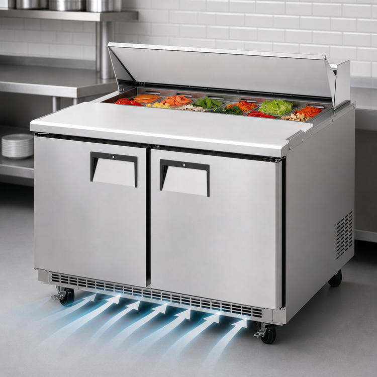 Product image #4 for Everest Refrigeration EPBNR2 Two-Section Sandwich Prep Table, 47-1/2 Inch, 13 Cu. Ft., Rear-Mounted Self-Contained R290 Refrigeration