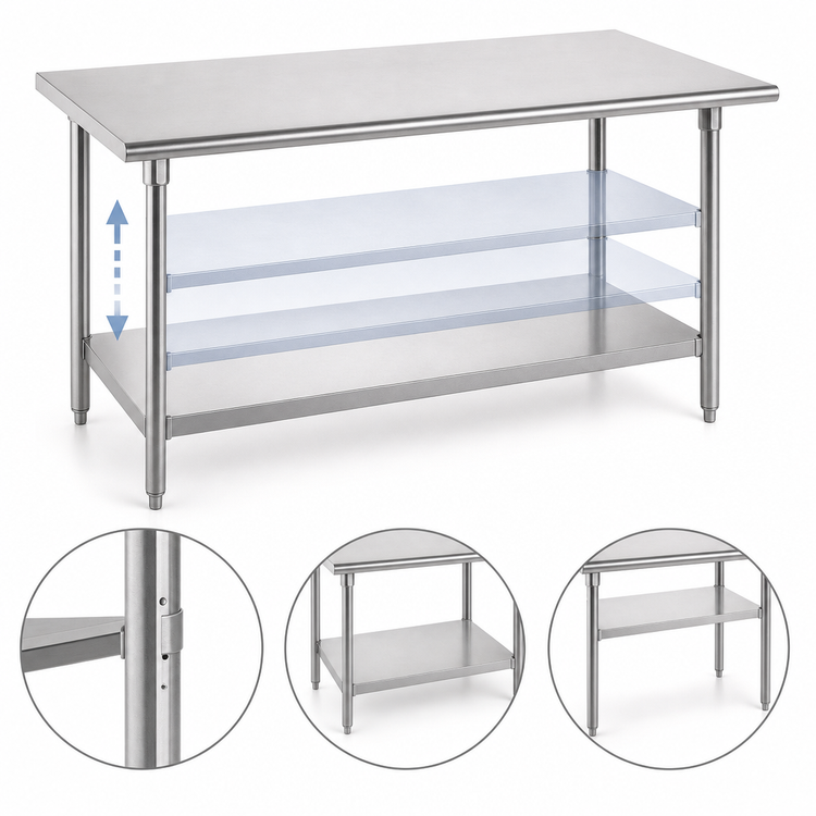 Product image #4 for Advance Tabco 144-Inch x 36-Inch 16-Gauge 430 Stainless Steel Flat Top Work Table with Adjustable Undershelf
