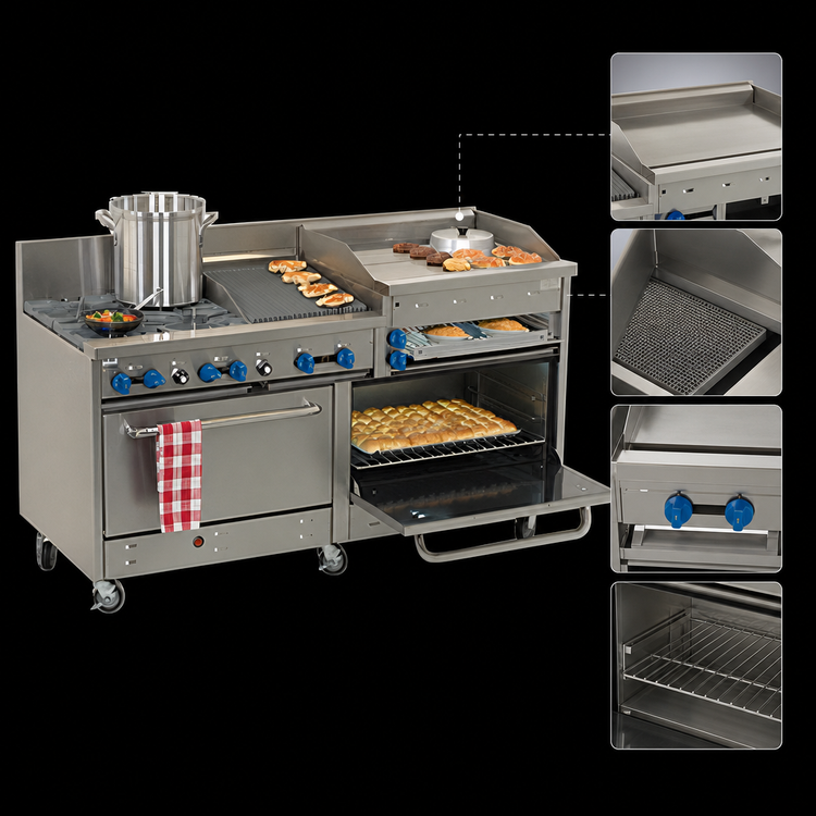 Product image #4 for Comstock-Castle 72-Inch Commercial Gas Range with 2 Open Burners, 30-Inch Raised Griddle, 30-Inch Charbroiler, and 2 Ovens