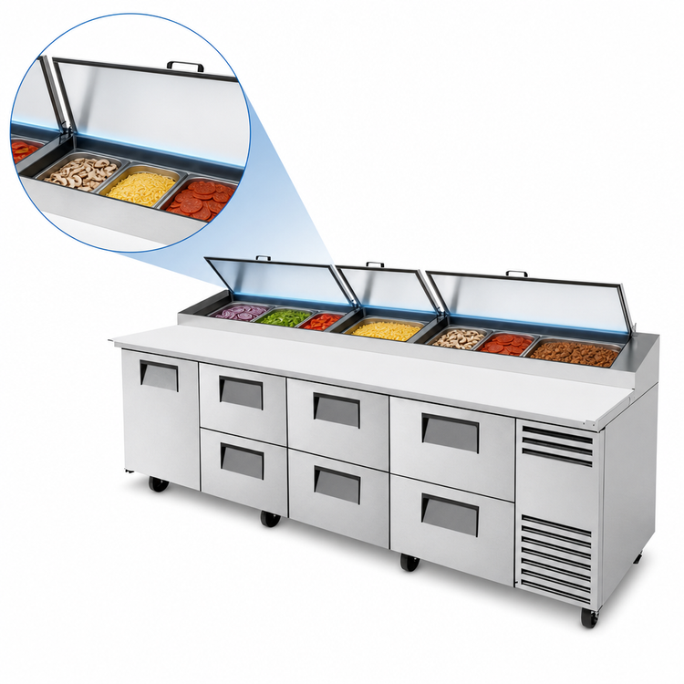 Product image #4 for True 119-1/4-Inch 4-Section Pizza Prep Table with 1 Door, 6 Drawers, and Self-Contained Side-Mounted Refrigeration
