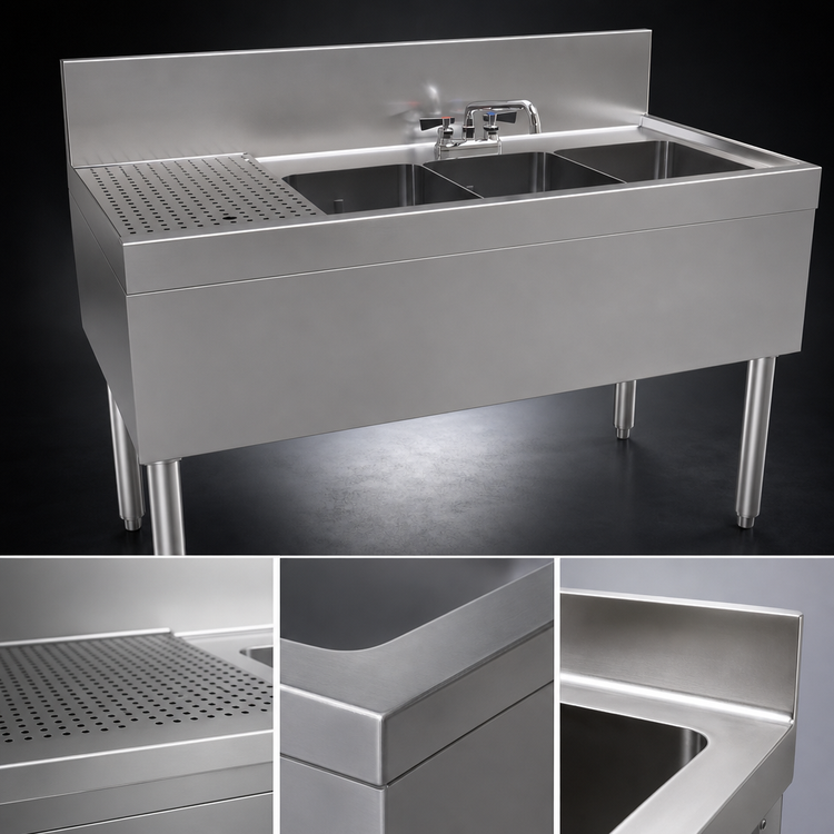 Product image #4 for Glastender Three-Compartment Underbar Sink Unit with Deck-Mount Faucet, 48" W x 24" D, Left Drainboard