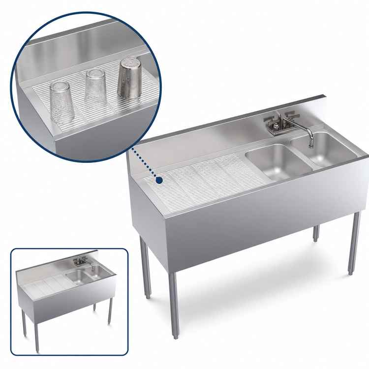 Product image #4 for Krowne Royal Series Stainless Steel Two-Compartment Underbar Sink Unit with Left Drainboard and Faucet, 48 x 19 Inches