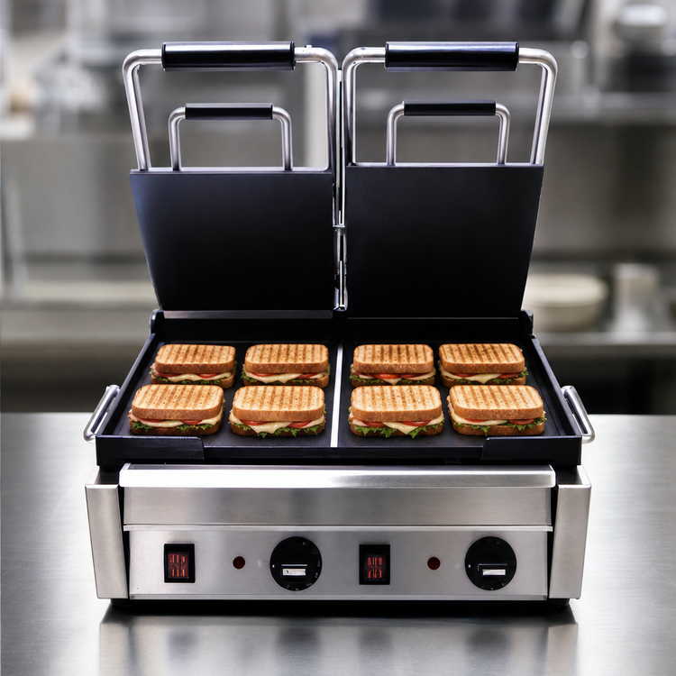 Product image #4 for Omcan Commercial Double Panini Grill with Smooth Top & Bottom Cast Iron Plates, 10 x 18 Inch Cooking Surface, 220V