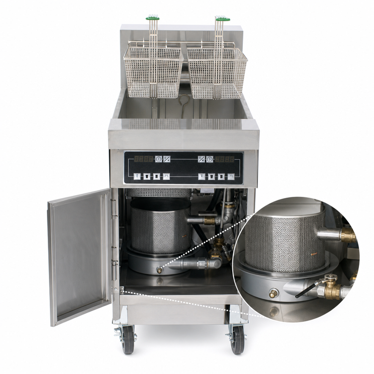 Product image #4 for High-Production Electric Fryer Battery with Built-In Filtration, Four 80-Lb Frypots, 480V