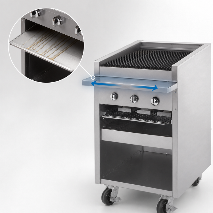 Product image #4 for Dante Series 24-Inch Floor Model Radiant Gas Charbroiler with Round Rod Grate and Open Cabinet Base