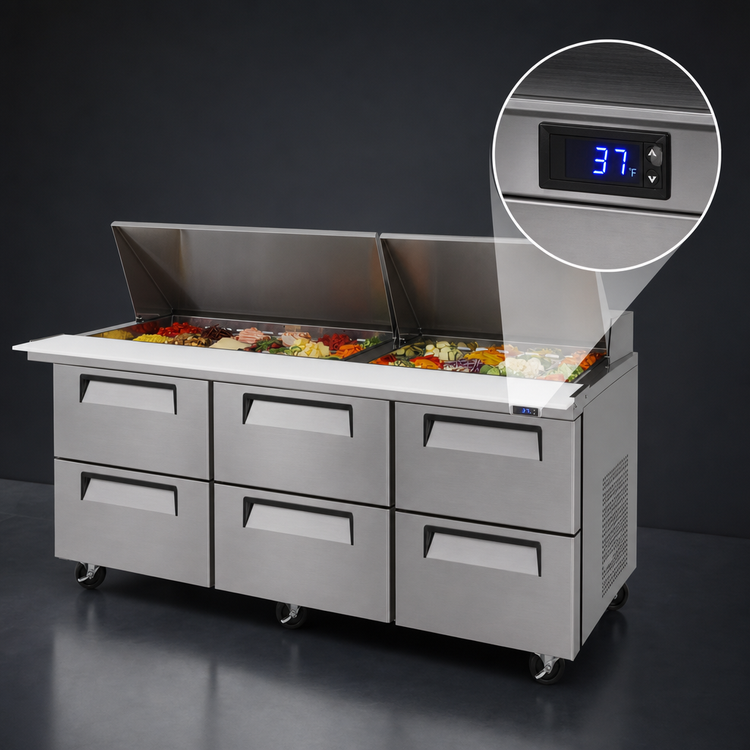 Product image #4 for Turbo Air Super Deluxe Three-Section Sandwich/Salad Mega Top Refrigerated Prep Table with 6 Drawers and 30-Pan Opening