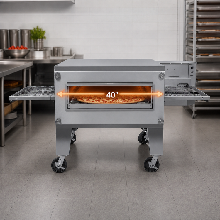 Product image #4 for Lincoln Impinger 3200 Series Triple-Deck LP Gas Conveyor Pizza Oven Package, 40-Inch Baking Chamber, Low Stand and Casters