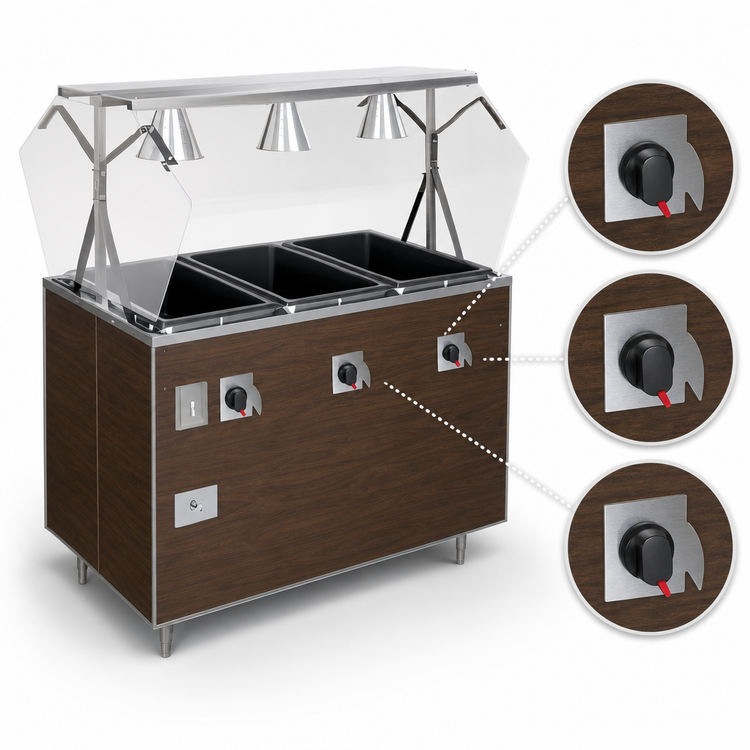 Product image #4 for Vollrath 2-Series Affordable Portable 3-Well Hot Food Station, 46-Inch Wide, Walnut Woodgrain Enclosed Base with Buffet Breath Guard