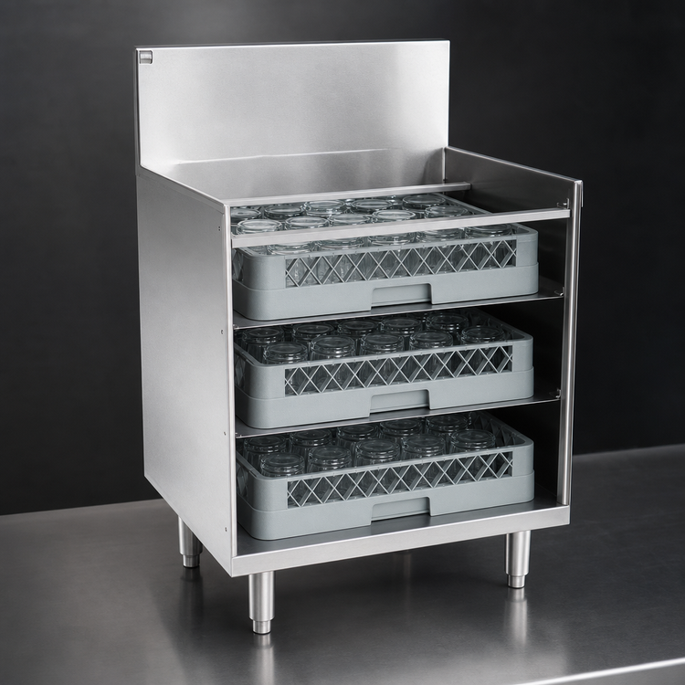 Product image #4 for Spec-Bar 24" x 24" Underbar Glass Rack Storage Unit, Open Front Base, 3-Rack Capacity