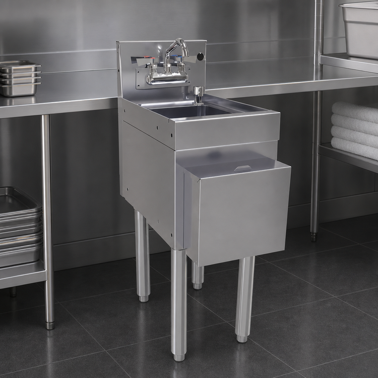 Product image #4 for Glastender Freestanding Underbar Hand Sink Unit, 12-Inch Wide, Stainless Steel, with Faucet, Soap & Towel Dispensers