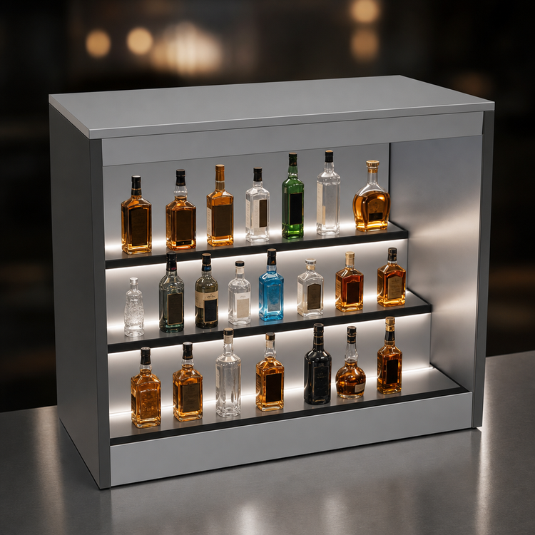 Product image #4 for Glastender Open Front Back Bar Liquor Display Cabinet with 3-Step LED Shelves, 42 Inch Wide