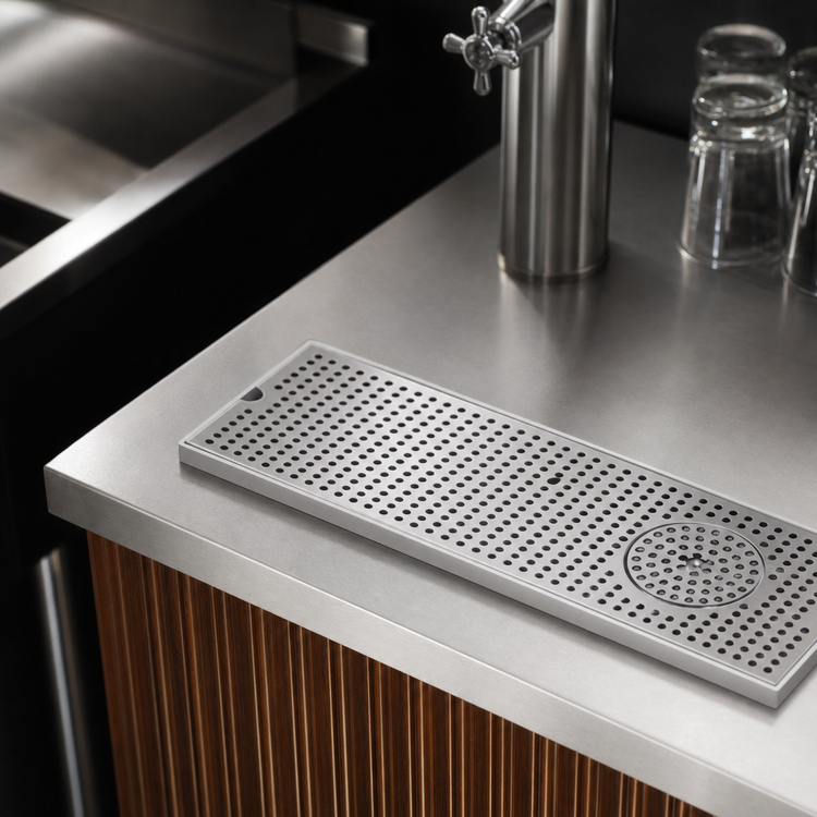 Product image #4 for Surface-Mount 8 Inch x 24 Inch Brushed Stainless Steel Drip Tray Trough with Glass Rinser