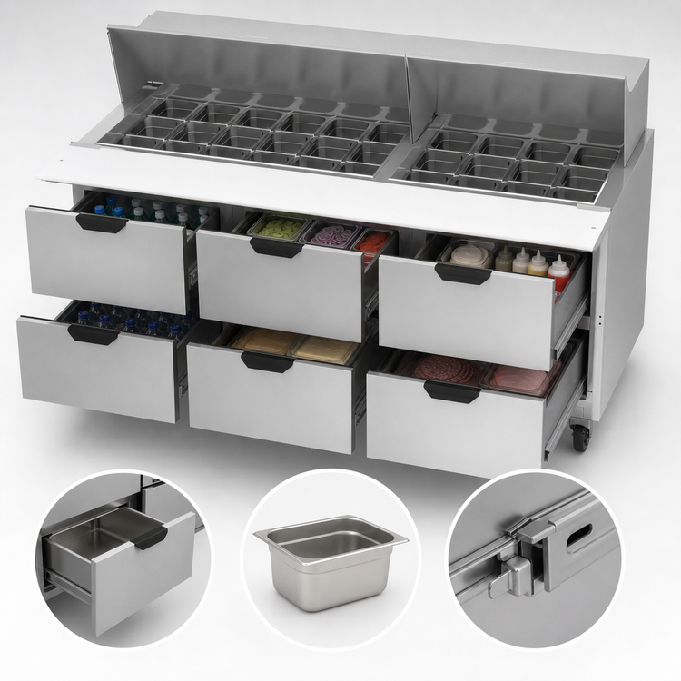 Product image #5 for Beverage-Air SPED72HC-30M-6 Three-Section Mega Top Refrigerated Prep Table with 6 Drawers