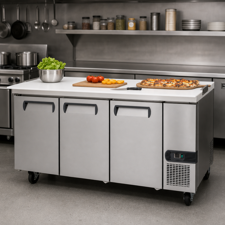 Product image #4 for Migali Competitor Series® Three-Section Worktop Refrigerator, 93-Inch, Solid Door, Side-Mount Self-Contained Refrigeration