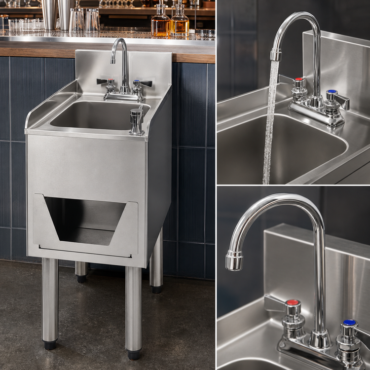 Product image #4 for CHOICE Deluxe Freestanding Underbar Hand Sink Unit, 12 Inch Wide, with Faucet, Soap & Paper Towel Dispensers