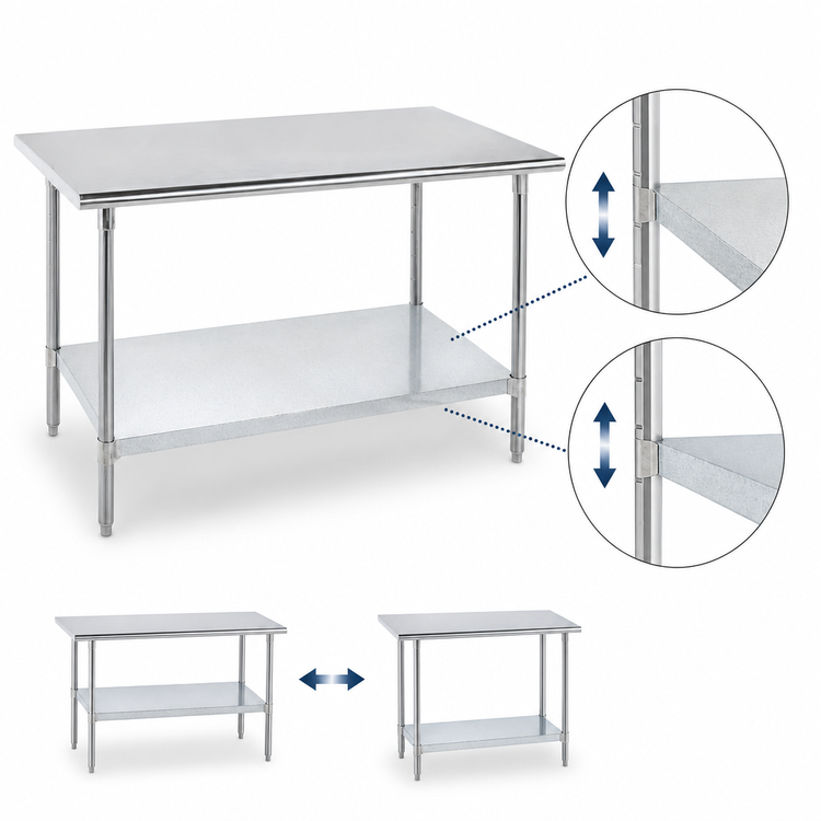 Product image #4 for Advance Tabco 84-Inch x 30-Inch 16 Gauge 430 Stainless Steel Flat Top Work Table with Galvanized Undershelf and Legs