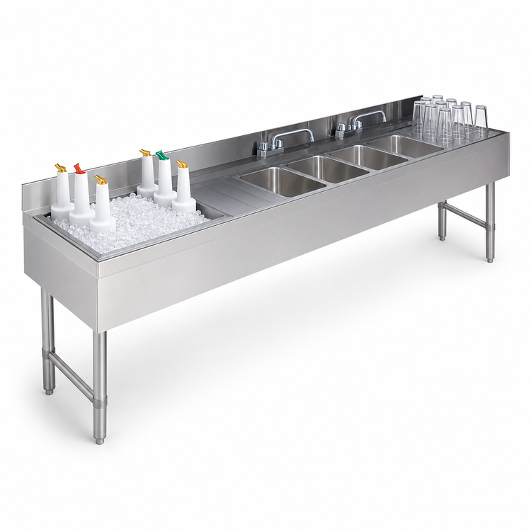 Product image #4 for Advance Tabco Underbar Basics 96-Inch Stainless Steel 3-Compartment Bar Sink and Ice Bin Combo with Left-Hand Ice Bin and Deck-Mount Faucet