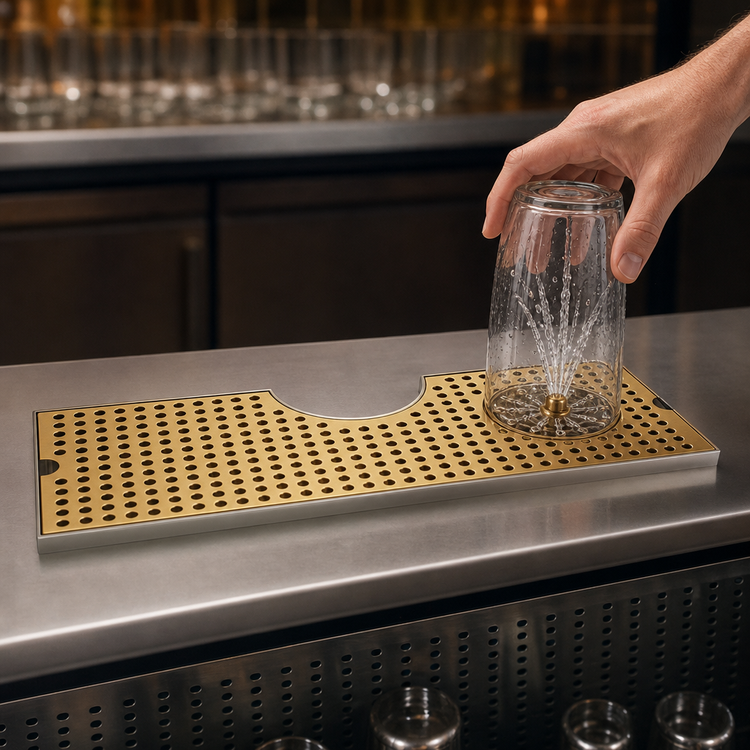 Product image #4 for Metropolis T Surface Mount Drip Tray Trough with Integral Glass Rinser and PVD Brass Screen, 24 x 8-1/2 Inch
